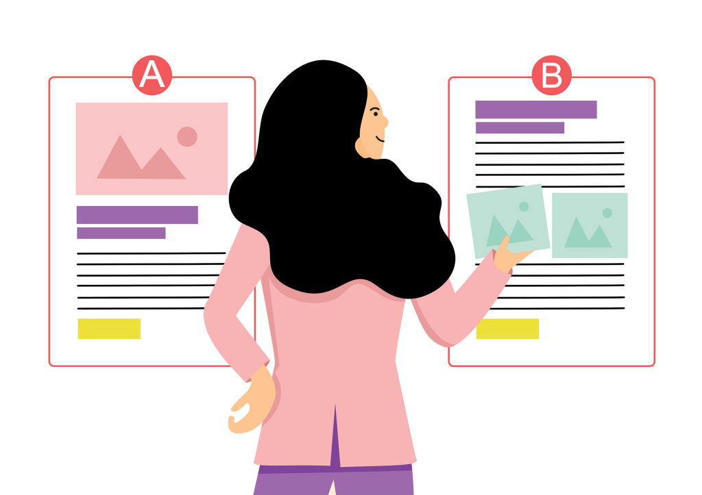 woman looking at two webpage layouts labeled a and b. woman is moving object in b to correct layout.