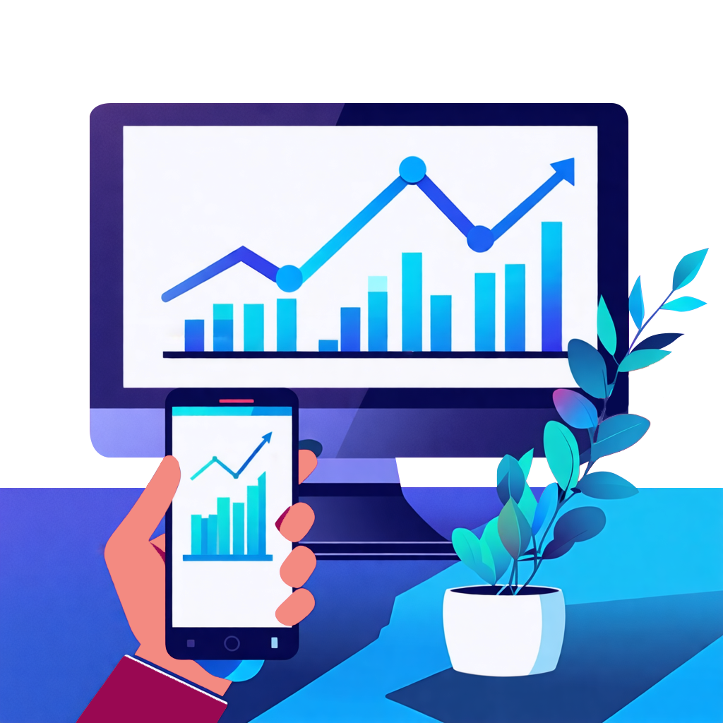 Hand holding smart phone in front of a computer monitor with bar graphs trending upwards
