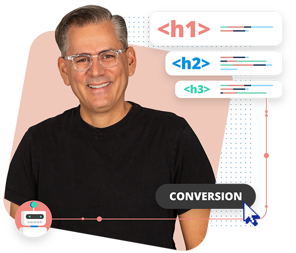 photograph of a man with h1, h2 and h3 graphics. with text: conversion 