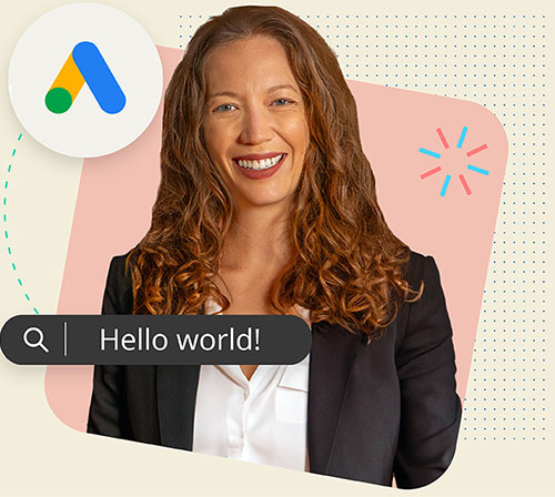 Photograph of a woman with advertising graphics and google logo