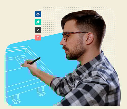 Photograph of a man drawing on a graphic that represents a tablet