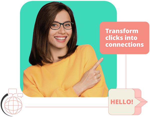 web design tampa - Photograph of a woman pointing to text: transform clicks into connections. 