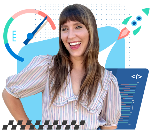 photograph of smiling woman surrounded by graphics: a speedometer, rocket and code elements