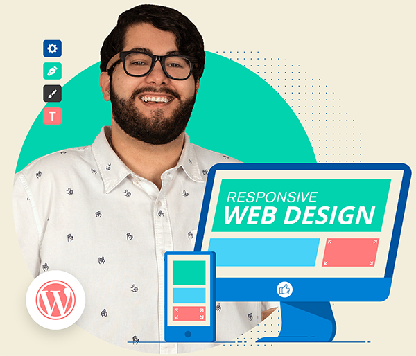 photograph of a team member with a graphic background of responsive web design elements.